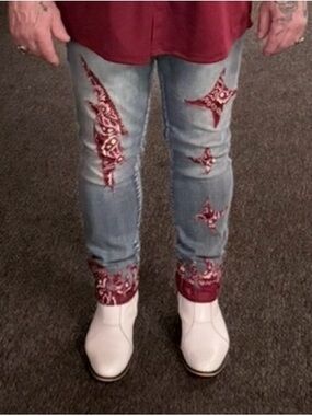 Eddie Alan Exclusive’s custom designed denim skinny jeans with bandanna accents!